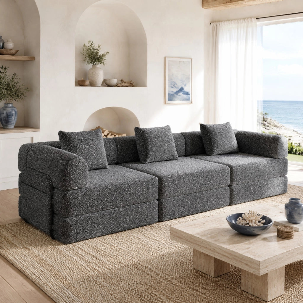 DIVANO LETTO Singolo in Chenille Grigio con vano nel bracciolo