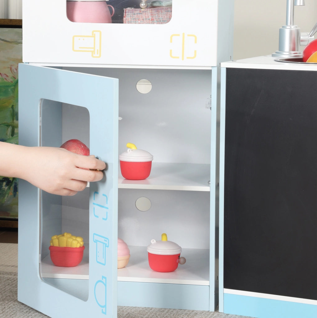 Banco gioco negozio per bambini con scaffali; frigorifero; lavagna e rubinetto; blu