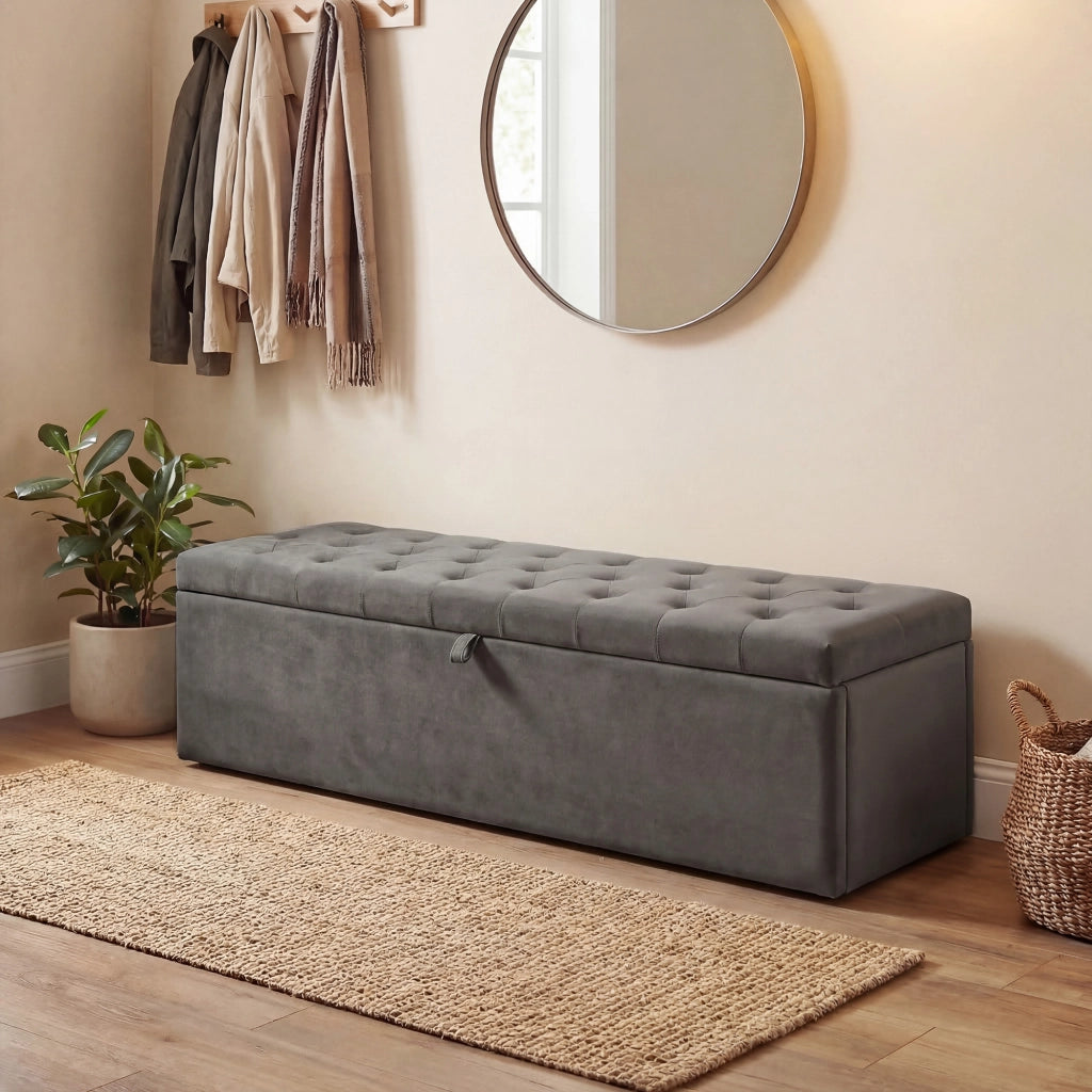 Cassapanca Contenitore 137x41x42 cm Capienza 140L con Seduta Ampia Imbottita Capacità 240kg in Velluto Grigio