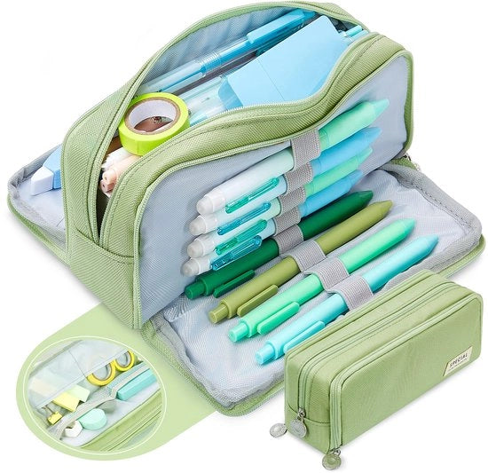 Organizzatore portatile per ufficio con 3 compartimenti e grande capacità, etui per materiali scolastici per bambini e adolescenti (verde)