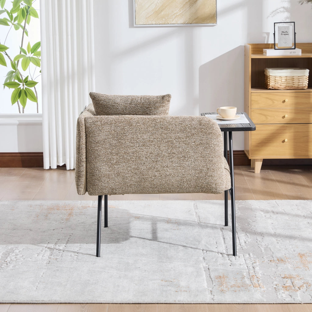 Poltrona moderna in ciniglia con tavolino laterale e tasche portaoggetti, colore khaki