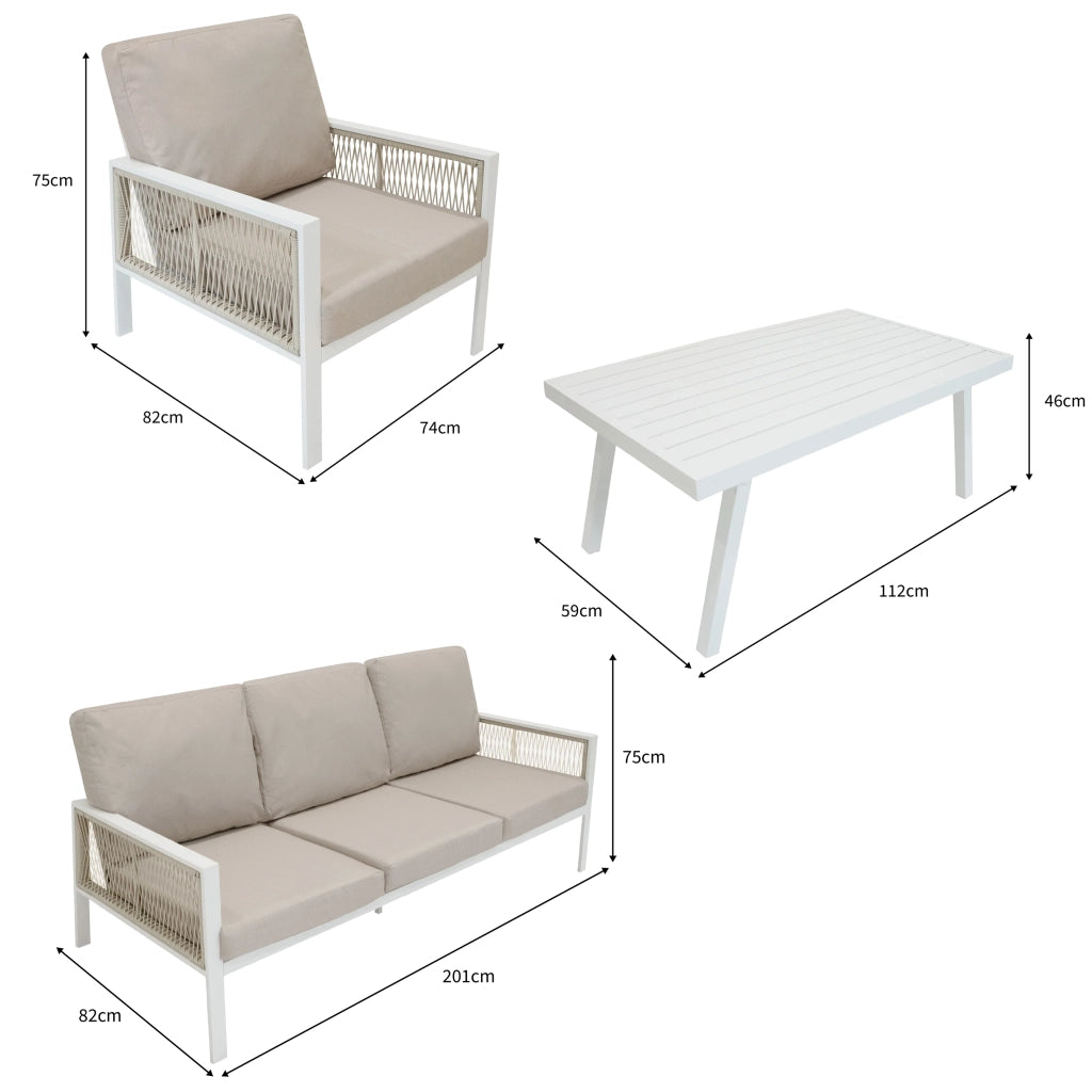 Set Mobili da Giardino 4pz Alluminio Bianco con Cassapanca Rattan Nera 582L