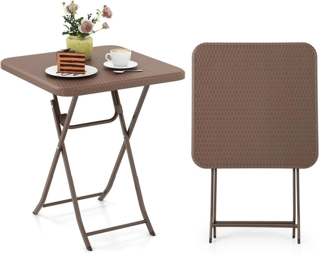 Tavolo da picnic pieghevole per 2 persone con piano in HDPE, tavolo da patio quadrato con texture in rattan con telaio in metallo, senza assemblaggio, per interni ed esterni