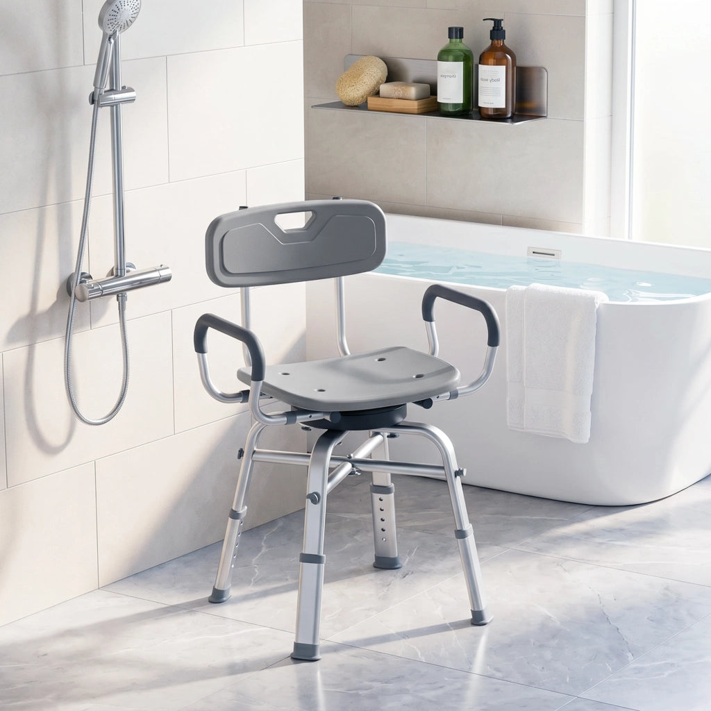 Sedia per Doccia Girevole 57x48x74-86 cm con Braccioli Schienale Capacità 150 kg in Alluminio e HDPE Grigio
