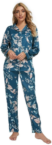 Set da notte per donne - Disegno floreale - Manica lunga - Poliestere morbido - Chiusura a bottone - Comodo per la casa - Abbigliamento notturno