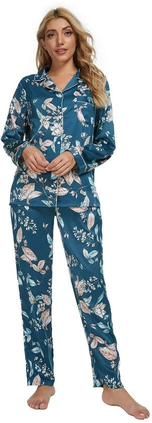 Set da notte per donne - Disegno floreale - Manica lunga - Poliestere morbido - Chiusura a bottone - Comodo per la casa - Abbigliamento notturno