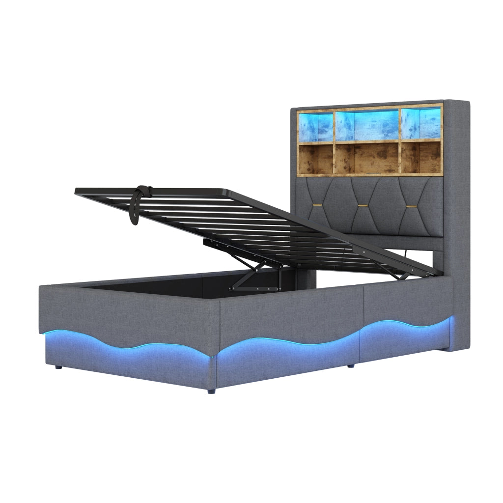 Letto singolo 90×200 cm contenitore con LED e USB; rete sollevabile; senza materasso; ferro; grigio
