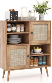 Credenza con 2 Ante in Rattan Naturale, Mobiletto Multiuso in Stile Boho con 4 Scomparti Aperti, Mobile da Cucina, Sala da Pranzo e Soggiorno, Naturale, 80 x 29,5 x 97 cm