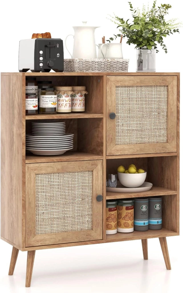 Credenza con 2 Ante in Rattan Naturale, Mobiletto Multiuso in Stile Boho con 4 Scomparti Aperti, Mobile da Cucina, Sala da Pranzo e Soggiorno, Naturale, 80 x 29,5 x 97 cm