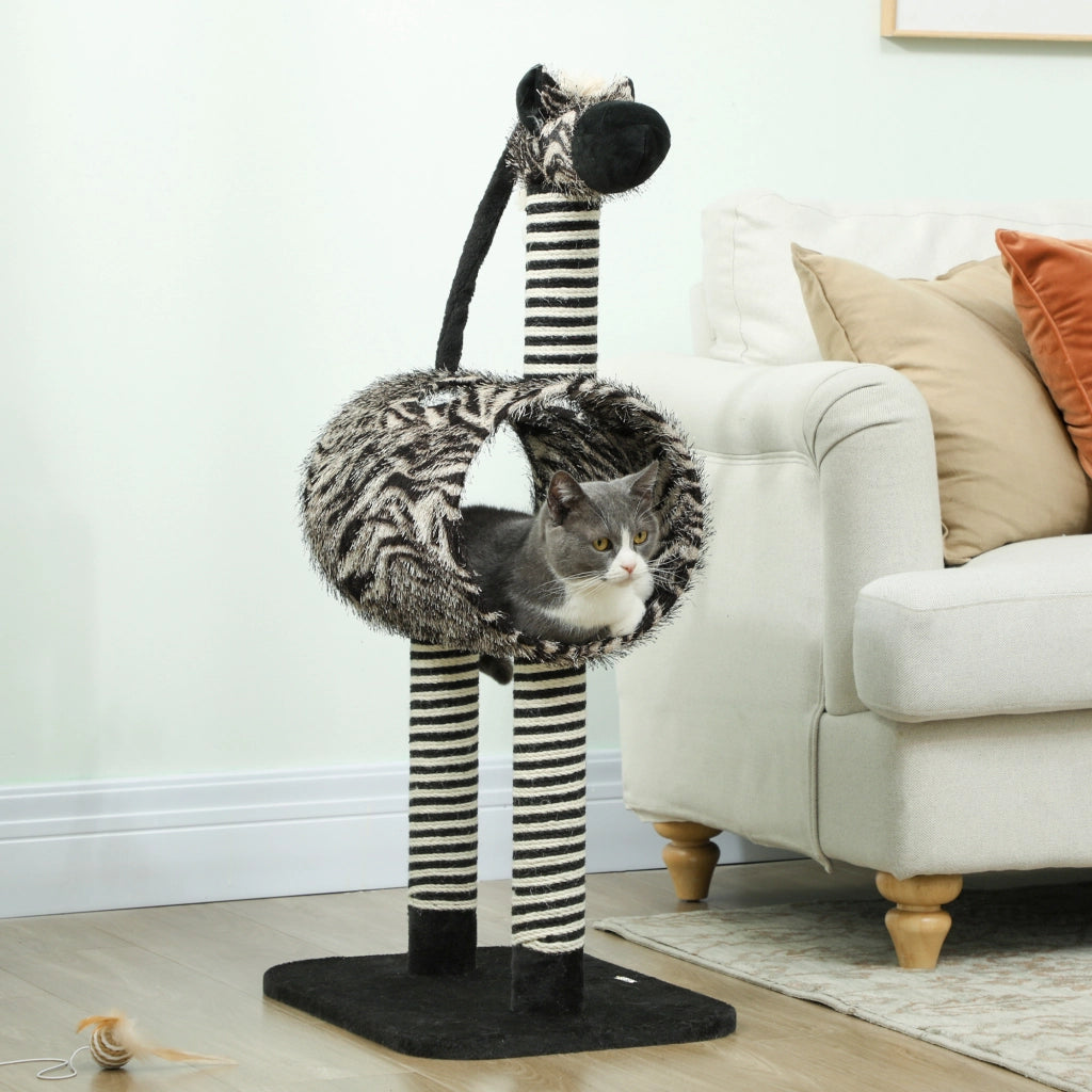Tiragraffi per gatti con design zebrato e tunnel ?25 cm, lunghezza totale 93 cm, colore bianco e nero.
