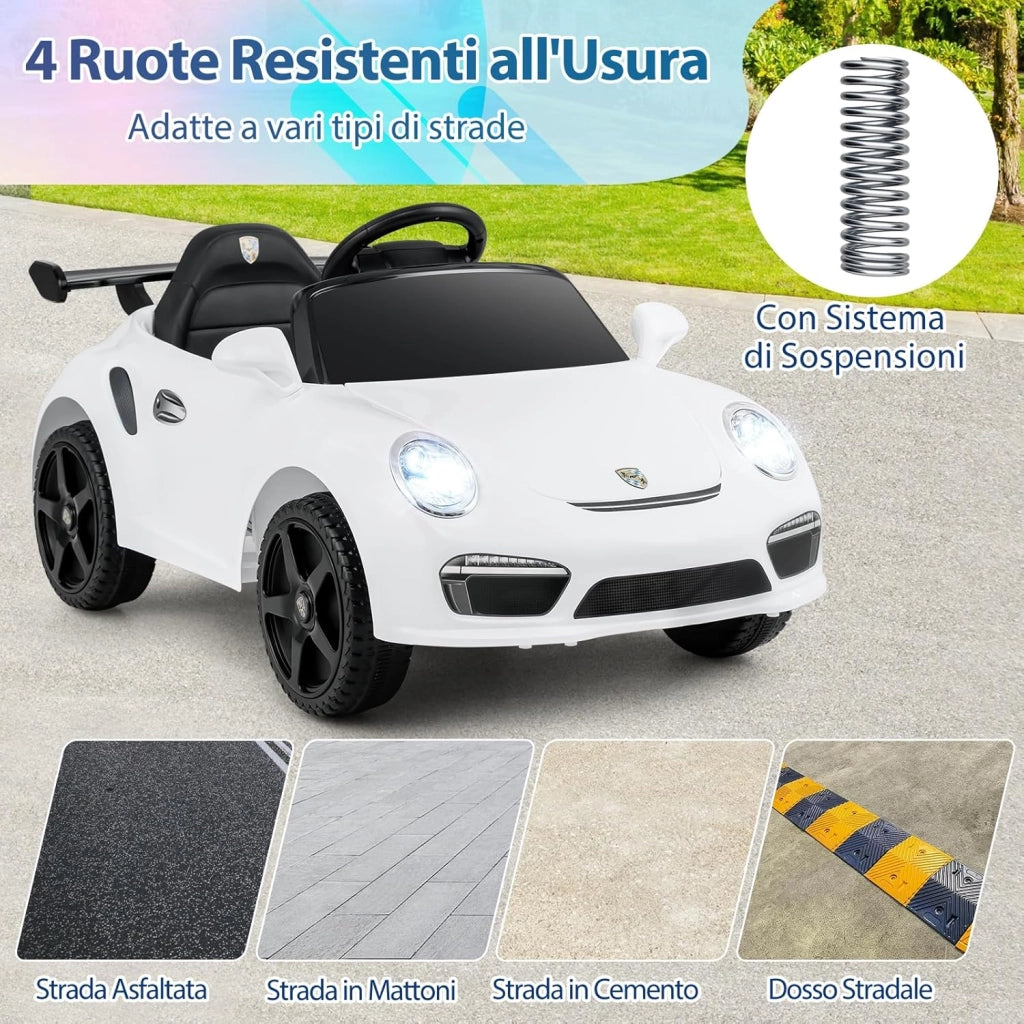 12 V Auto Elettrica per Bambini, Macchina Elettrica Porsche con Licenza Ufficiale, Telecomando, Musica, Luci LED, Clacson e Avvio Morbido, per Bambini 3-8 Anni (Bianco)