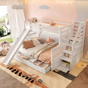 Letto a castello 90x200 sopra 140x200 con scivolo e cassetti, bianco antico