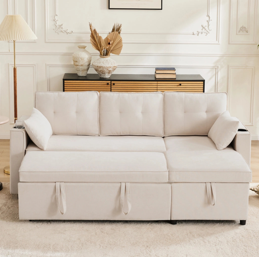 Divano letto angolare beige reversibile con contenitore