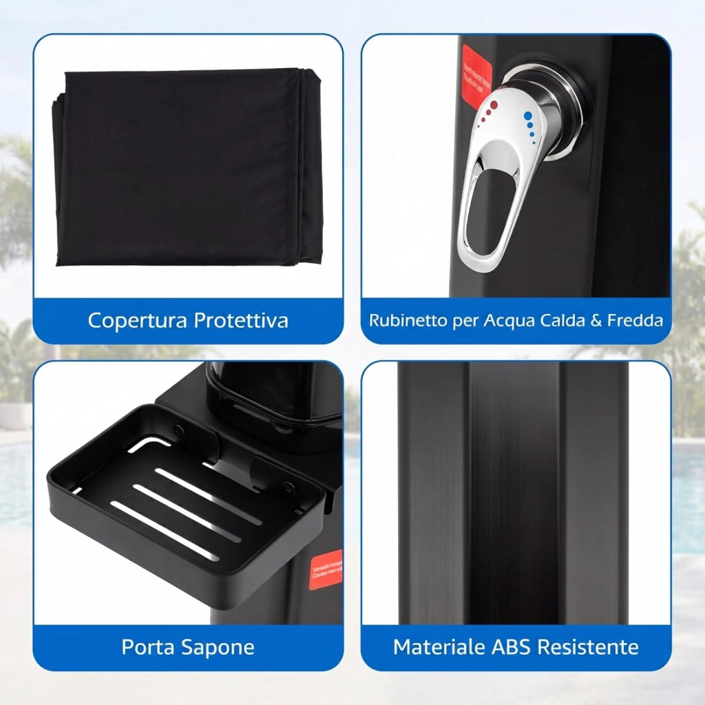 Doccia Solare da Giardino 35L con Soffione Girevole, Doccino e Rubinetto, Doccia da Esterno con Attacco per Tubo, Vassoio Portaoggetti e Copertura Protettiva, Fino a 60°C (Modello 3)