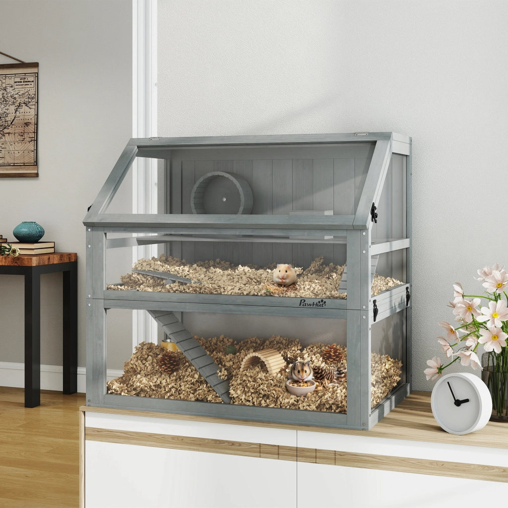 Gabbia per Criceti in Legno 3 Piani con Ripiani Estraibili ¨C ZephMum ¨C Grigio Chiaro 80x50x76cm
