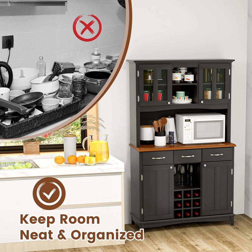 Credenza Alta da Cucina, Armadietto Dispensa con 3 Cassetti e 4 Armadi a Ante e Portabottiglie per 9 Bottiglie, Mobile Buffet per Soggiorno, Sala da Pranzo, 112 x 43 x 184,5 cm (Nero)