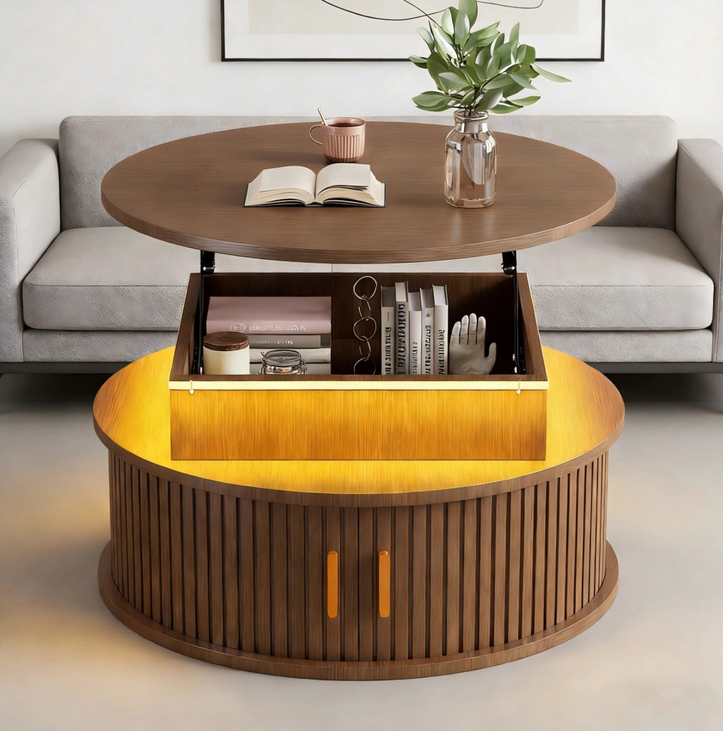 Tavolino da caffè rotondo regolabile in altezza con LED; 75 cm; MDF; color noce