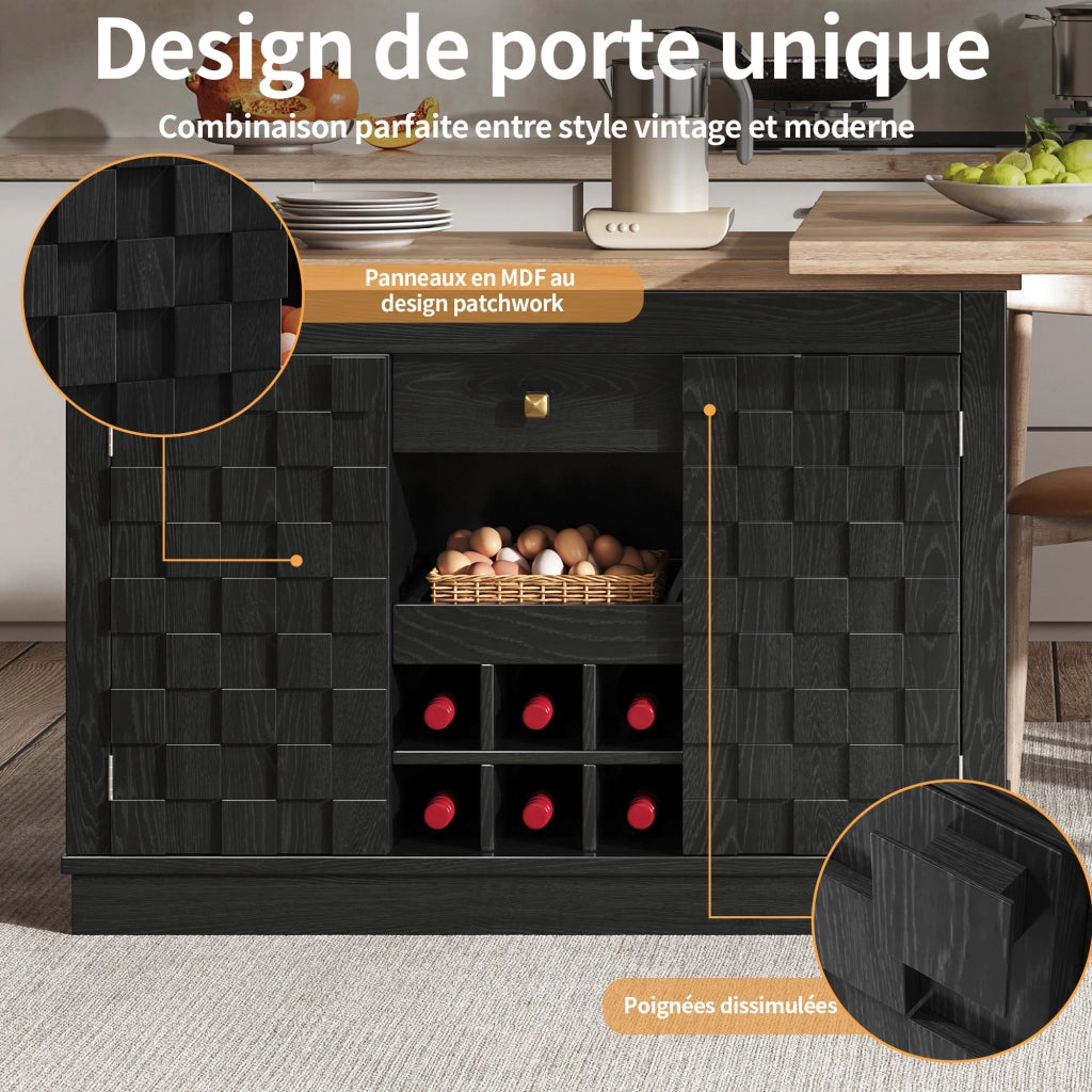 Credenza da cucina girevole a 360° con 2 piani; ante patchwork; 1 cassetto; portabottiglie estraibile; per cucina; MDF nero; 120 × 40 × 74.2 cm