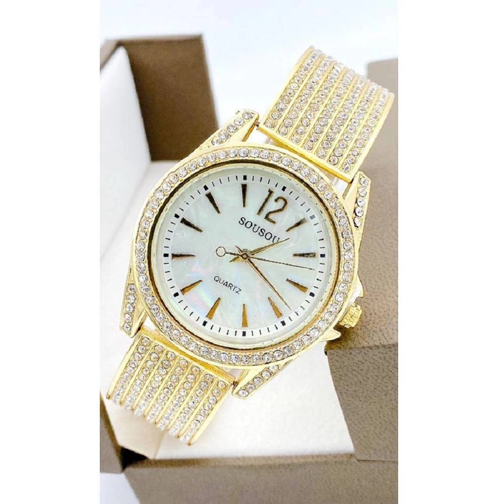 Trade Shop - Orologio Polso Sousou 6733 Donna Quarzo Acciaio Brillantini Dorato Fondo Bianco -