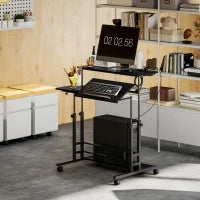 Scrivania con Altezza Regolabile, con Ruote, Prese e Porte USB, 80x60 cm, Nero