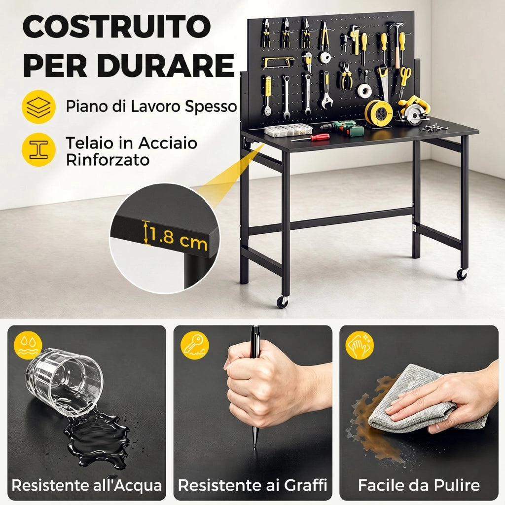 Banco da Lavoro Pieghevole Portatile con Pannello Perforato. Piano Spesso in Legno. Struttura in Acciaio. Nero