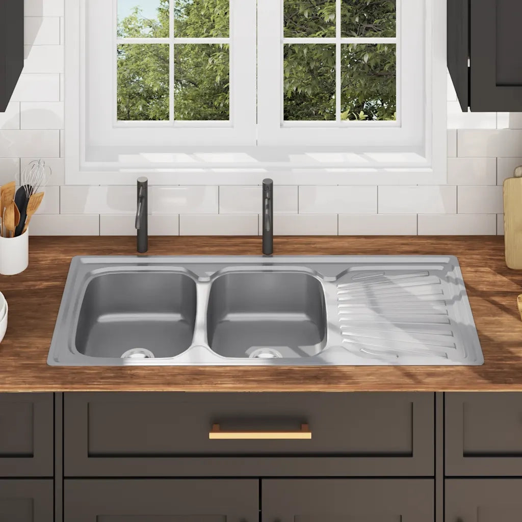 Lavello da Cucina Doppio con Filtro e Sifone in Acciaio Inox CFW2898850