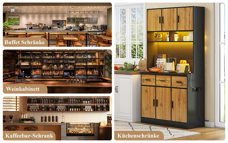 Credenza da Cucina con 6 Ante; 3 Cassetti; Ripiani Regolabili; LED e Prese USB; in MDF; 100 x 40 x 180 cm