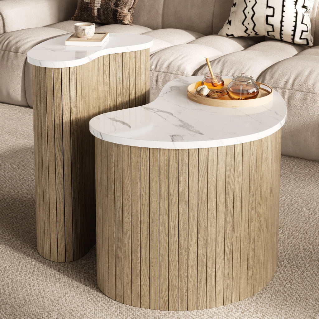 Tavolini da Caffè Nidificabili con 2 Piani; Effetto Marmo e Legno; Stile Scandinavo; in MDF; Naturale/Bianco