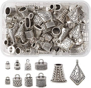 Capsi di fine corda in acciaio inoxidabile antico argento - 100 pezzi - 10 stili - Materiale: acciaio inossidabile con decorazione in perle - Forme: cilindriche - Dimensioni: 10x6,5x4,5mm, Foro: 2,5mm - Capsi di fine corda