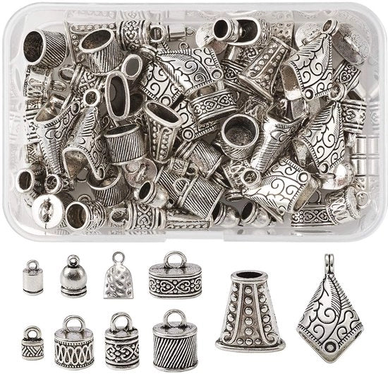 Capsi di fine corda in acciaio inoxidabile antico argento - 100 pezzi - 10 stili - Materiale: acciaio inossidabile con decorazione in perle - Forme: cilindriche - Dimensioni: 10x6,5x4,5mm, Foro: 2,5mm - Capsi di fine corda