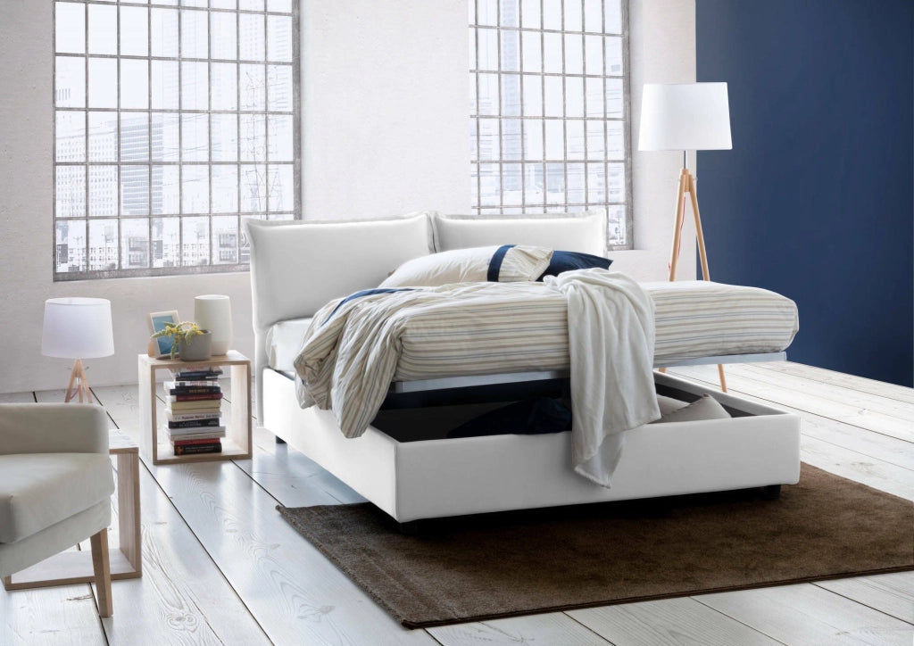 Letto matrimoniale Agalo, Letto contenitore con rivestimento in tessuto, Made in Italy, Apertura frontale, adatto per materasso cm 140x200, Bianco