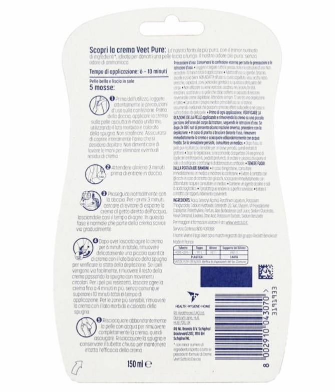 VEET CREMA DEPILATORIA SOTTO LA DOCCIA PER PELLI SENSIBILI CON SPUGNA TEMPO DI APPLICAZIONE 6 -10 MINUTI 150ML