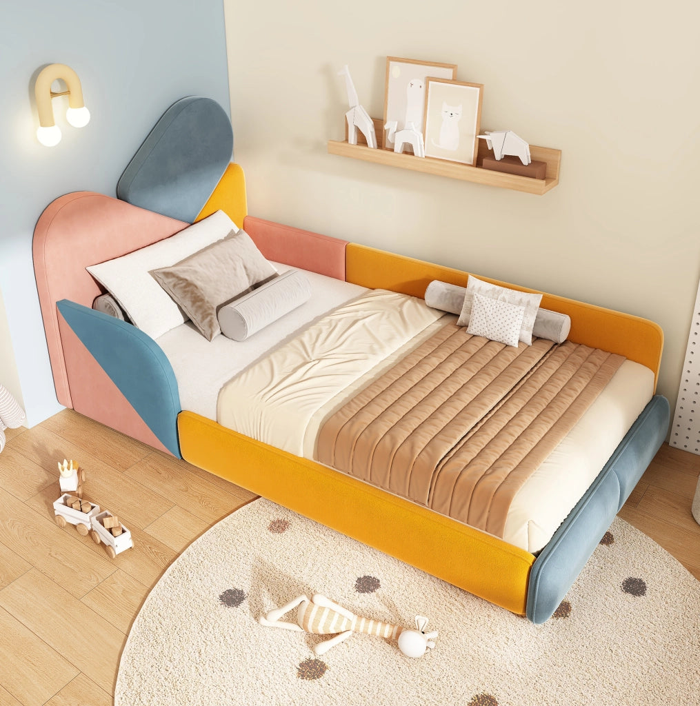 Letto imbottito per bambini 90x200 cm con protezioni laterali rialzate in velluto multicolore