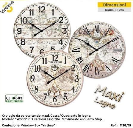 1 Pezzo Orologio da Parete in Legno Tondo Maxi 58 cm 3 Decori