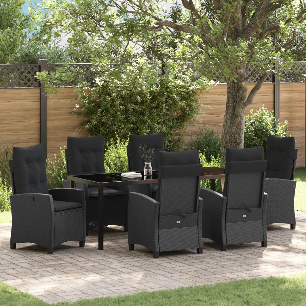 Set da Pranzo da Giardino da 7 Pezzi con Cuscini Nero Rattan Sintetico