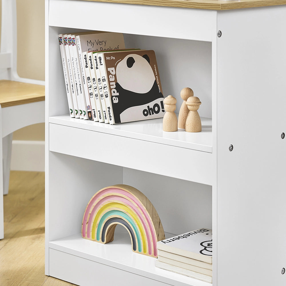 SoBuy Tavolino Bambini con 1 Sedia, Set Tavolo e Sedie per Bambini Multiattività con 2 Ripiani, Tavolo Disegno e Gioco, Sedia Scrivania Cameretta Bianco e Naturale 80x50x66cm KMB60-WN