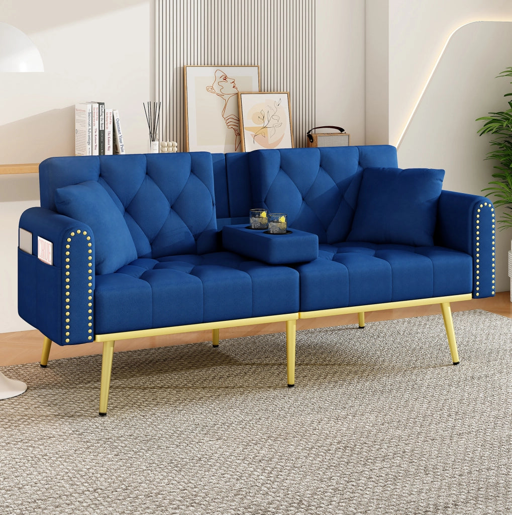 Divano letto 175x80x73，5 cm in velluto blu con portabicchieri
