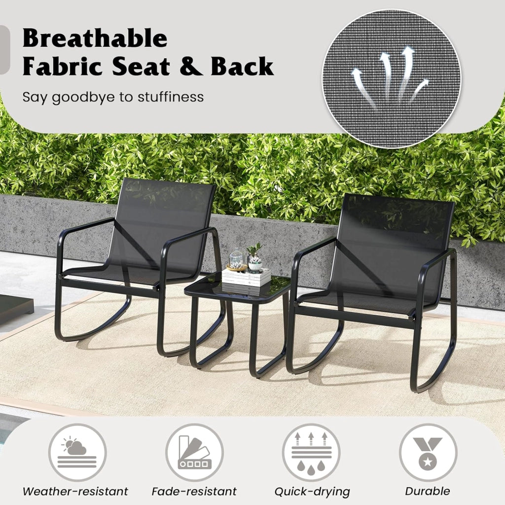 Set da Giardino per 2 Sedie a Dondolo con Tavolino in Vetro, Tessuto Traspirante e Gambe Regolabili, Ideale per Balcone, 3 Colori (Nero)