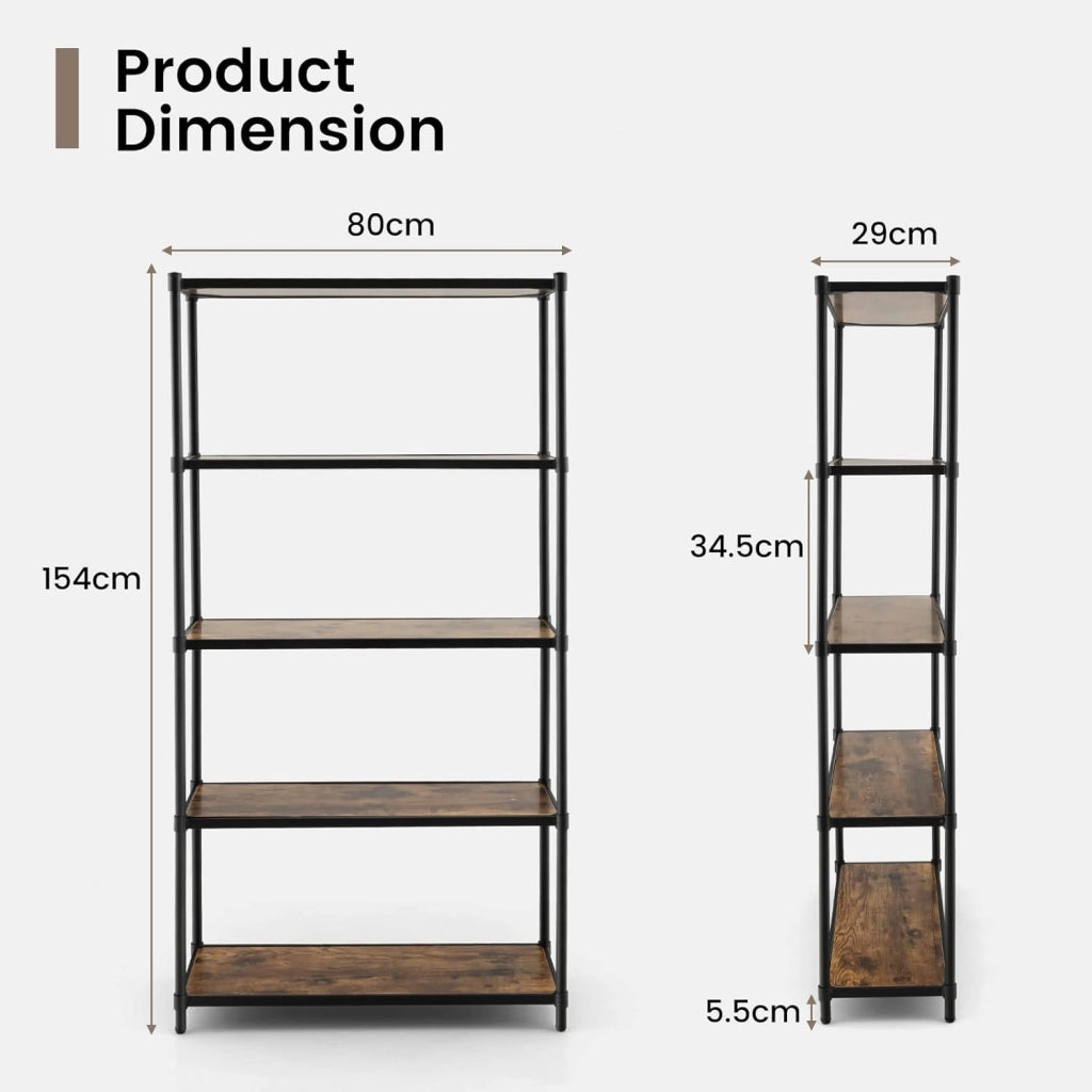 GIANTEX Scaffale a 5 Ripiani Stile Industriale, Libreria con Struttura in Acciaio Marrone Vintage e Nero, 80x29,5x154cm
