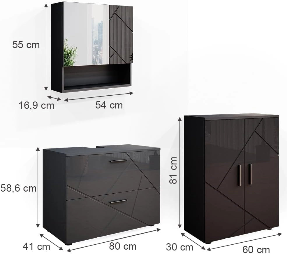 Set mobili bagno Irma, Antracite lucido, 80 cm, composto da mobile sottolavabo, specchiera e mobile medio