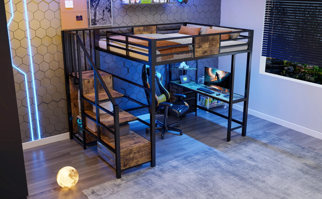 Letto a soppalco 140 × 200 cm con scrivania, mensole, LED e presa elettrica, senza materasso, nero