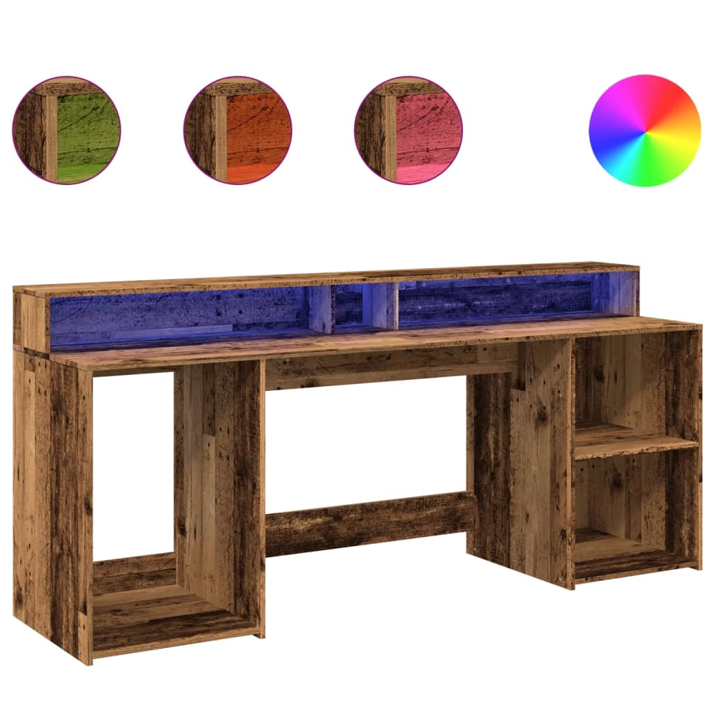Scrivania tavolo postazione di lavoro mobile per computer studio con luci a LED legno vecchio legno ingegnerizzato marrone 02_0023437