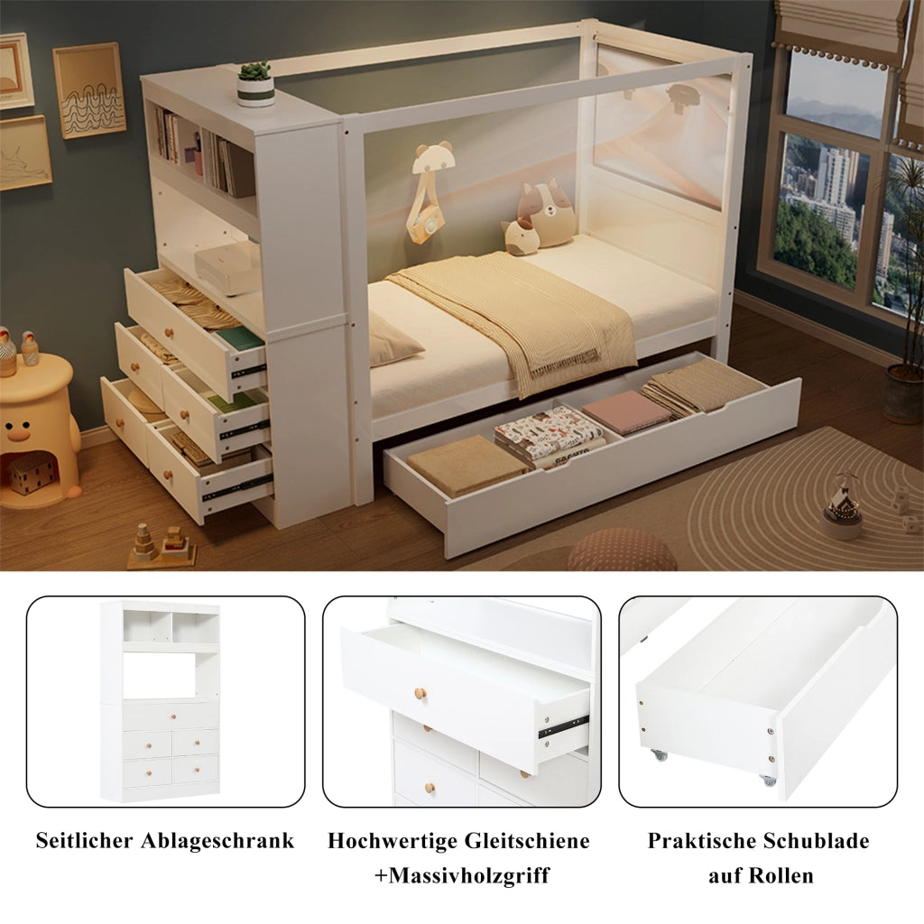 Letto singolo bianco con funzione contenitore in legno massello e mdf 90x200 cm