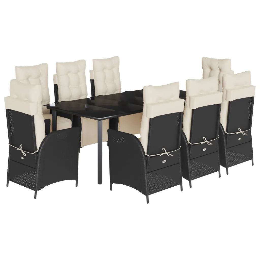Set da Pranzo da Giardino 9 pz con Cuscini Nero in Polyrattan 3213391
