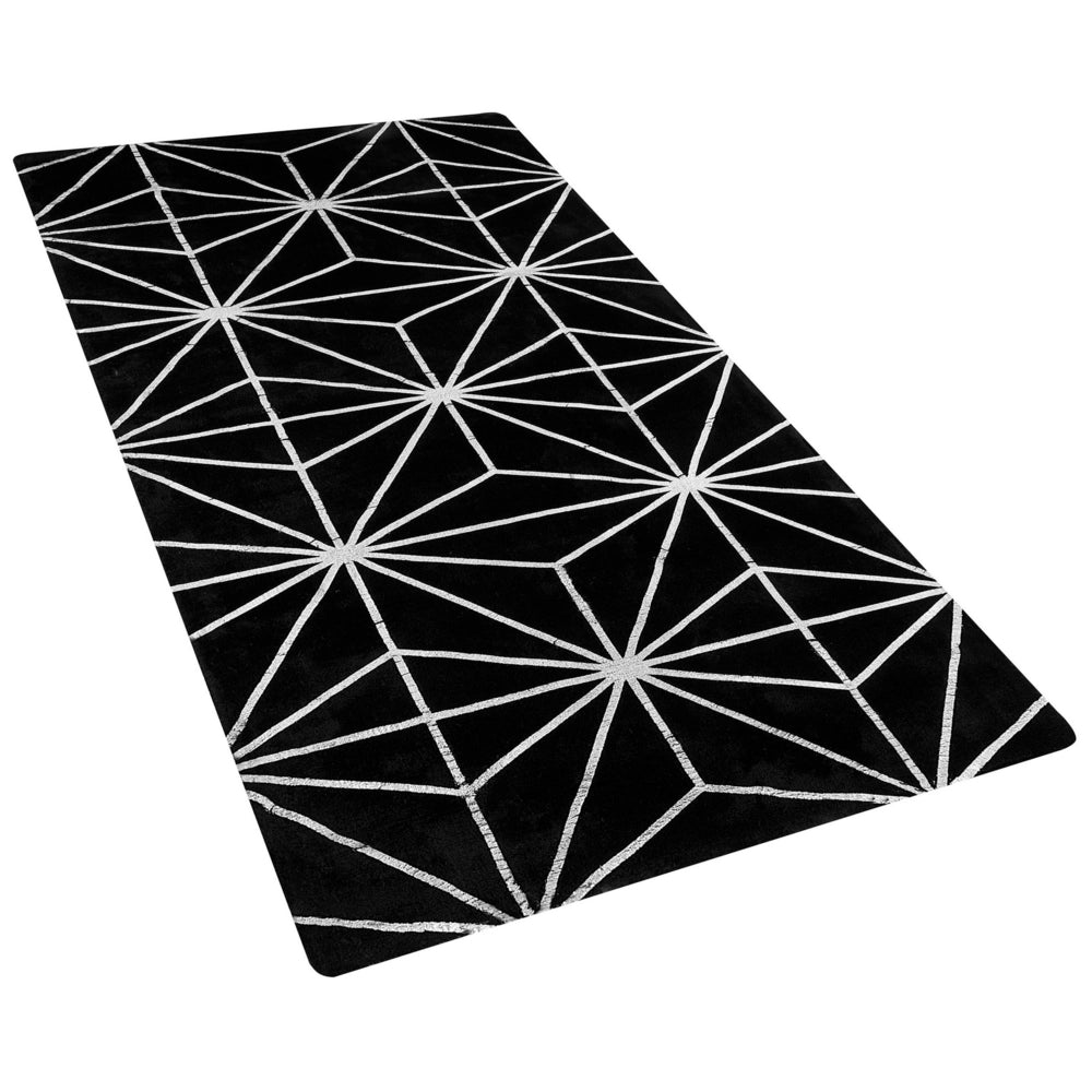 Tappeto tappetino Nero e Argento Motivo Geometrico Viscosa e Cotone 80 x 150 cm Tessuto a Mano Moderno Stile Glam Soggiorno Camera da Letto