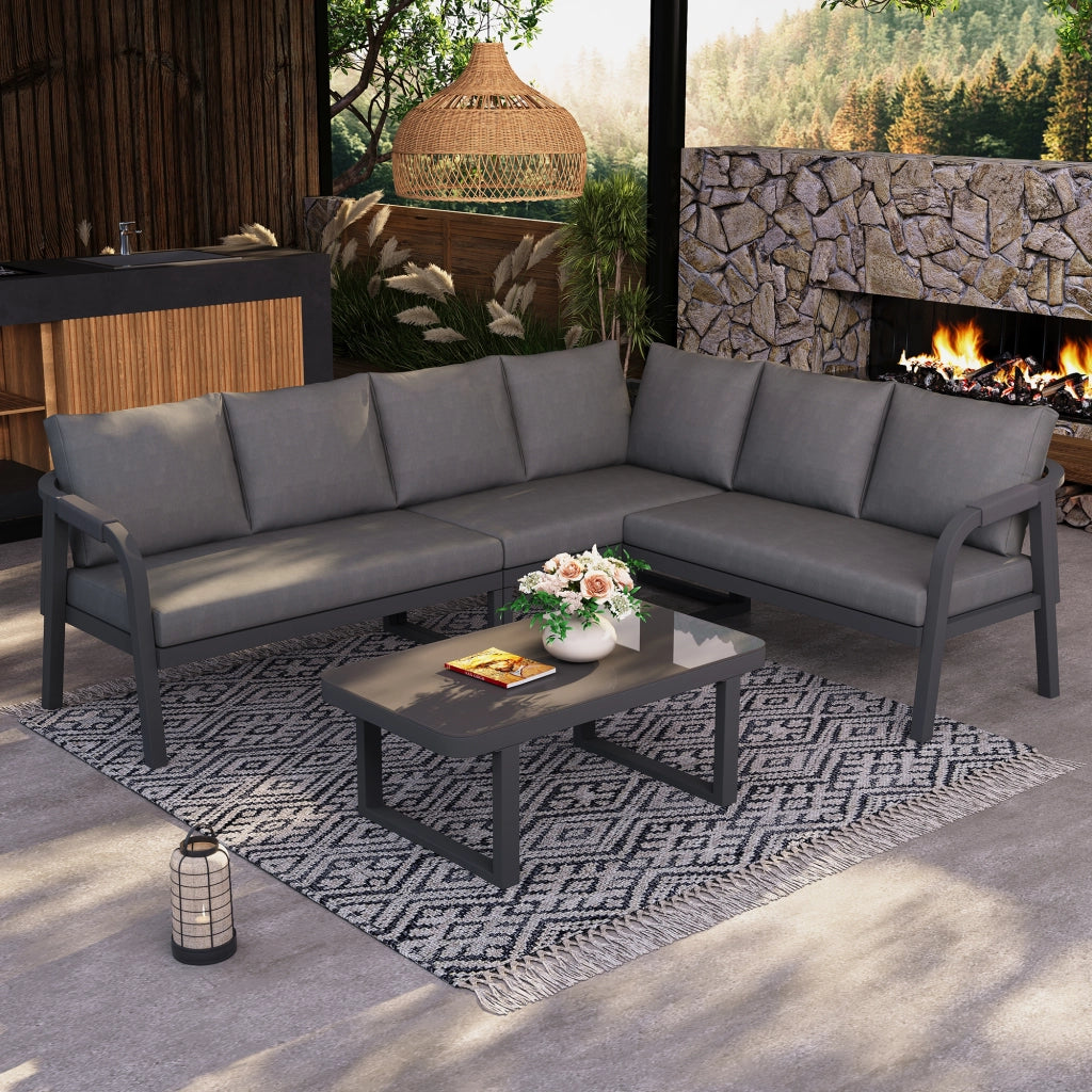 Set Divano Angolare da Giardino con Tavolino ¨C Xylo ¨C Polyrattan Grigio, 6 Posti