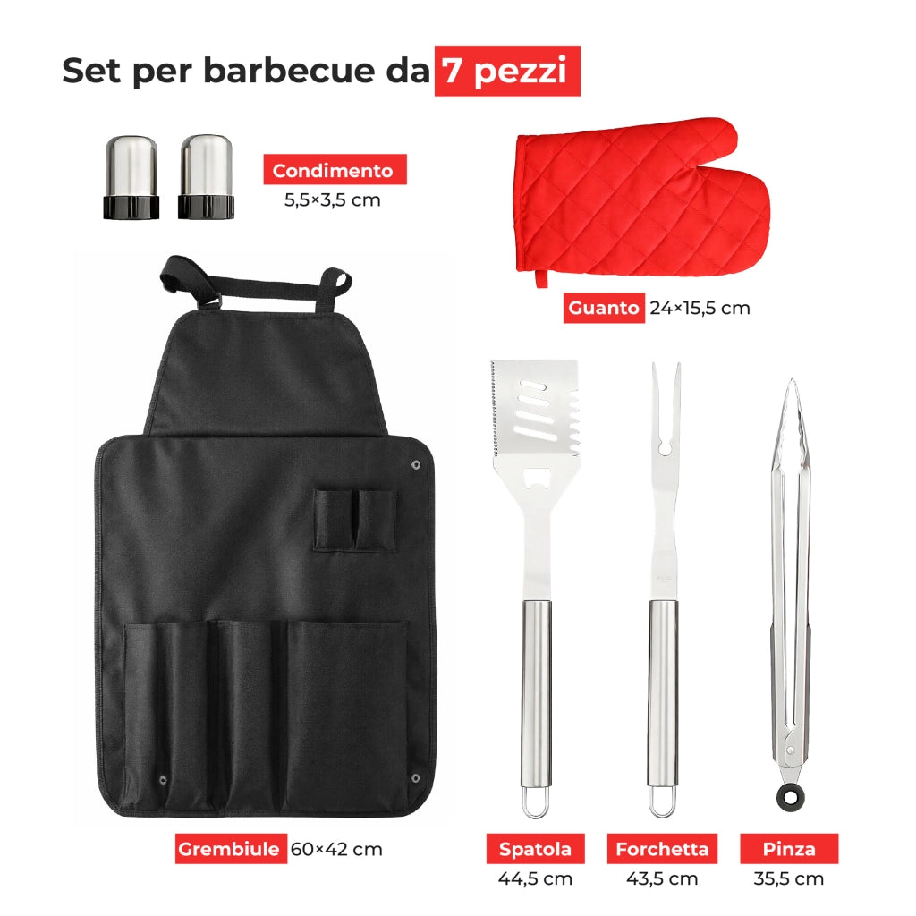 Set BBQ Professionale con Termometro Carne – Accessori Barbecue in Acciaio Inox 430 Alimentare con Pinza, Spatola, Forchettone, Coltello, Grembiule Kit 7 o 17 Pezzi Kit 7 Pezzi