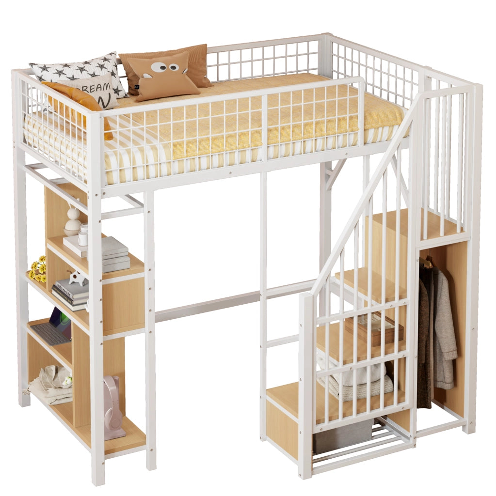 Letto a soppalco 90x200 cm con scala contenitore e vano portaoggetti; metallo e legno; bianco