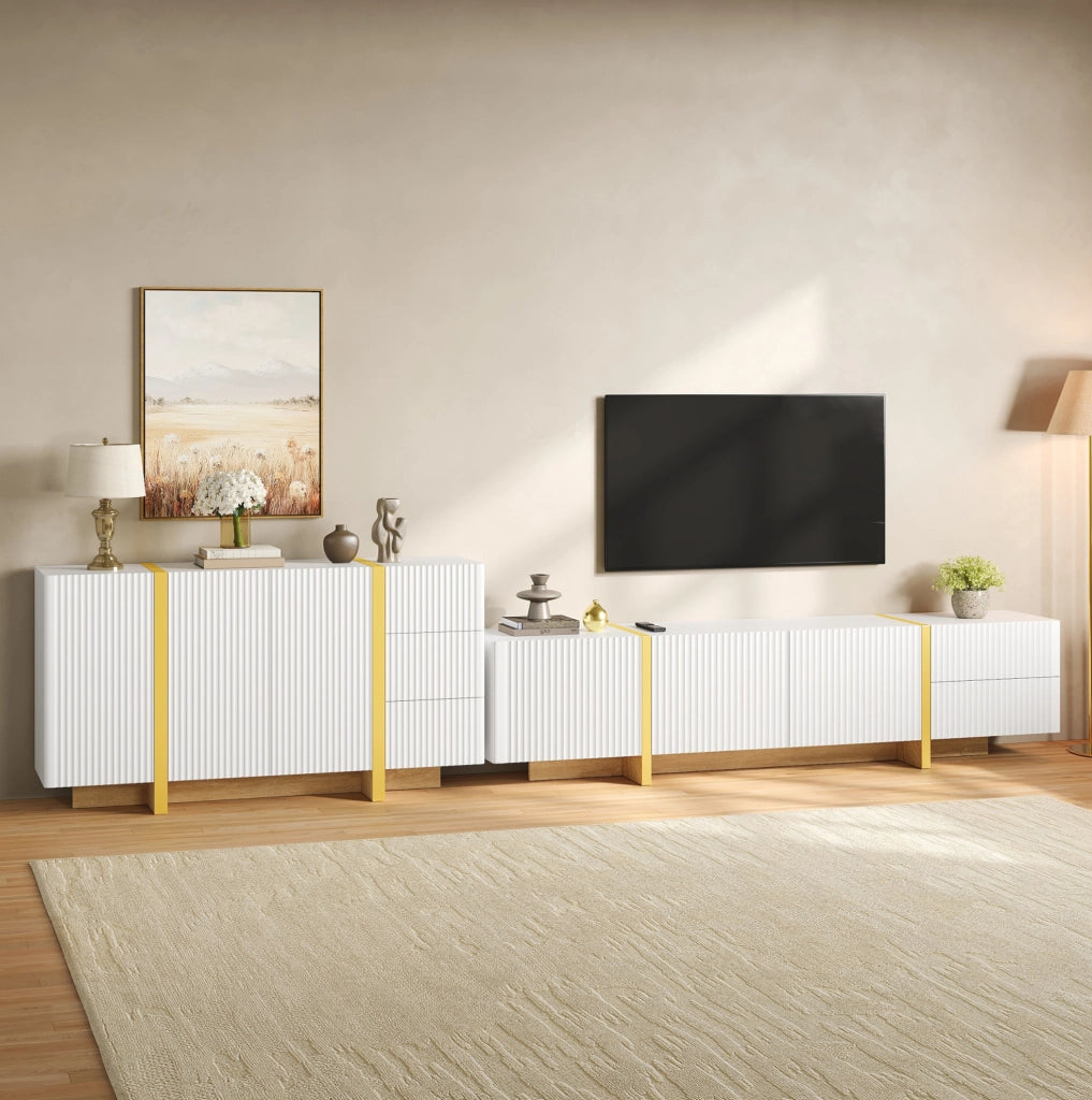 Combinazione mobile TV con sideboard a effetto riga 190 cm; bianco in MDF e PB