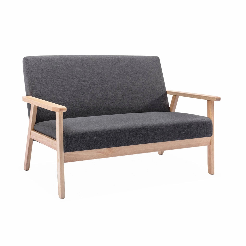 Divano stile scandinavo in legno e tessuto, 2 posti, grigio scuro